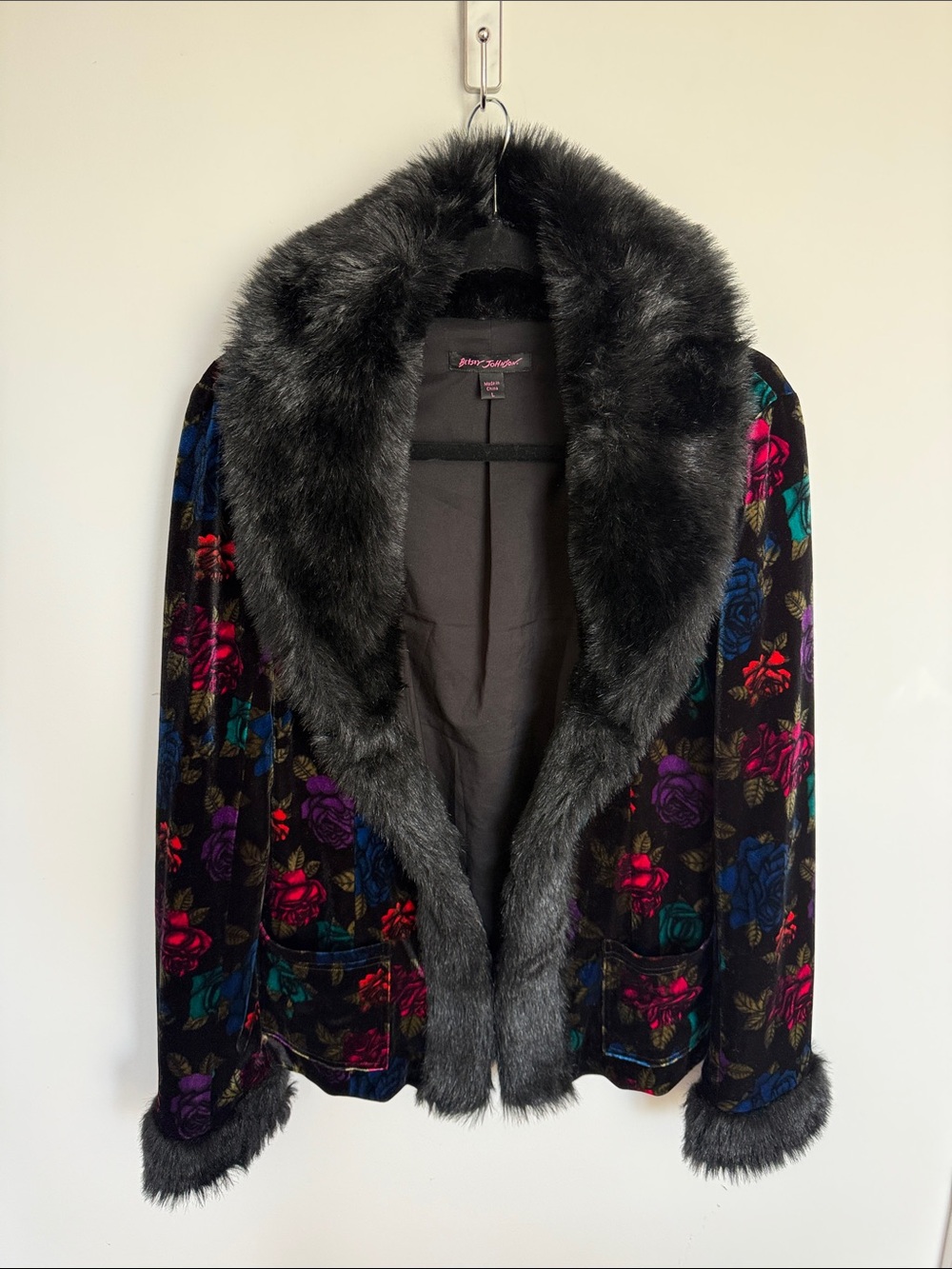 Vintage Betsey Johnson Floral Faux Fur Jacket Y2K Size L